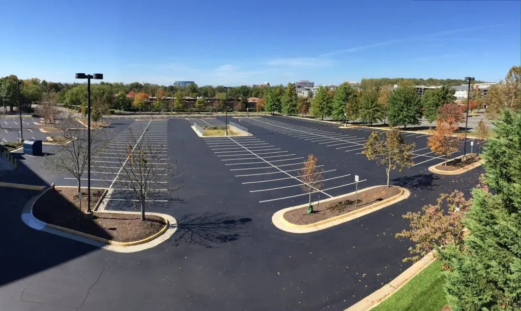 parking lot with fresh sealcoating and line stripings